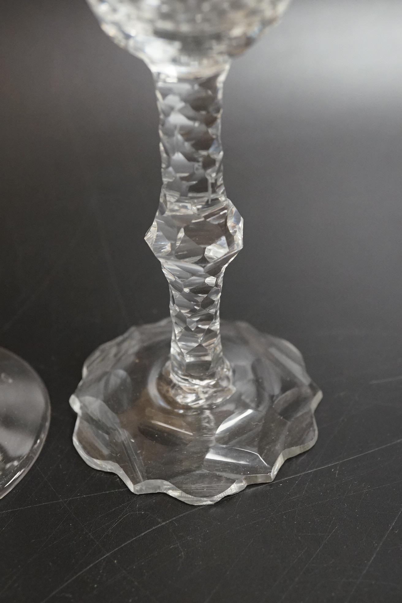 Two faceted wine glasses, c.1775, one with faceted star cut foot, tallest 15cm
